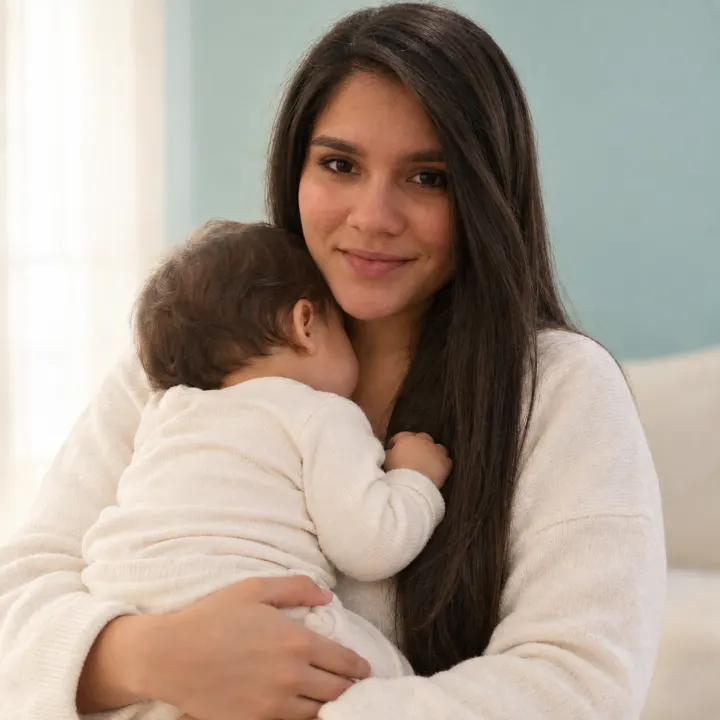 Tatiana, creadora de MI PEQUE Y YO, con su bebé en brazos