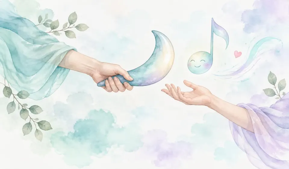 Unos brazos pasan un testigo con forma de luna a una nota musical